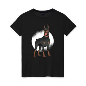 Женская футболка хлопок с принтом Доберман в Петрозаводске, 100% хлопок | прямой крой, круглый вырез горловины, длина до линии бедер, слегка спущенное плечо | doberman | dobermann | dog | доберман | собака | собаки