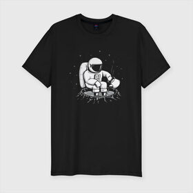Мужская футболка премиум с принтом Как Согреться на Луне в Петрозаводске, 92% хлопок, 8% лайкра | приталенный силуэт, круглый вырез ворота, длина до линии бедра, короткий рукав | астронавт | вселенная | звезды | космонавт | космос | луна | планета | простуда | юмор