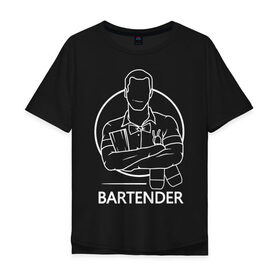 Мужская футболка хлопок Oversize с принтом Bartender в Петрозаводске, 100% хлопок | свободный крой, круглый ворот, “спинка” длиннее передней части | Тематика изображения на принте: bar | barman | bartender | бармен | бартендер | бутылки | виски | день бармена | мужчина | надпись | подарок бармену | рисунок | человек | шейкер
