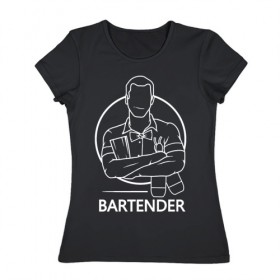 Женская футболка хлопок с принтом Bartender в Петрозаводске, 100% хлопок | прямой крой, круглый вырез горловины, длина до линии бедер, слегка спущенное плечо | bar | barman | bartender | бармен | бартендер | бутылки | виски | день бармена | мужчина | надпись | подарок бармену | рисунок | человек | шейкер
