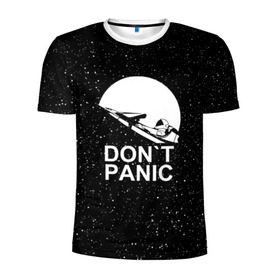 Мужская футболка 3D спортивная с принтом DON`T PANIC в Петрозаводске, 100% полиэстер с улучшенными характеристиками | приталенный силуэт, круглая горловина, широкие плечи, сужается к линии бедра | Тематика изображения на принте: don t panic | elon mask | galaxy | nasa | space x | stars | галактика | звезды | знаменитости | илон маск | космос | не паникуйте