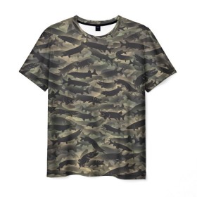 Мужская футболка 3D с принтом Камуфляж с щуками в Петрозаводске, 100% полиэфир | прямой крой, круглый вырез горловины, длина до линии бедер | камуфляж | милитари | паттерн | рыба | рыбак | рыбалка | рыбина | улов | хаки | щука