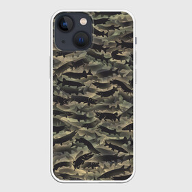 Чехол для iPhone 13 mini с принтом Камуфляж с щуками в Петрозаводске,  |  | Тематика изображения на принте: камуфляж | милитари | паттерн | рыба | рыбак | рыбалка | рыбина | улов | хаки | щука