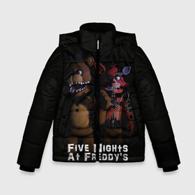 Зимняя куртка для мальчиков 3D с принтом Five Nights At Freddys в Петрозаводске, ткань верха — 100% полиэстер; подклад — 100% полиэстер, утеплитель — 100% полиэстер | длина ниже бедра, удлиненная спинка, воротник стойка и отстегивающийся капюшон. Есть боковые карманы с листочкой на кнопках, утяжки по низу изделия и внутренний карман на молнии. 

Предусмотрены светоотражающий принт на спинке, радужный светоотражающий элемент на пуллере молнии и на резинке для утяжки | five nights at freddys | foxy | аниматроники | игра | компьютерная игра | робот | фокси | фредди | чика