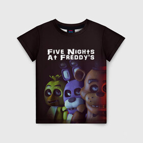 Детская футболка 3D с принтом Five Nights At Freddy`s в Петрозаводске, 100% гипоаллергенный полиэфир | прямой крой, круглый вырез горловины, длина до линии бедер, чуть спущенное плечо, ткань немного тянется | five nights at freddys | foxy | аниматроники | игра | компьютерная игра | робот | фокси | фредди | чика