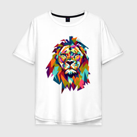 Мужская футболка хлопок Oversize с принтом Lion в Петрозаводске, 100% хлопок | свободный крой, круглый ворот, “спинка” длиннее передней части | cat | geometry | leo | lion | polygonal | wild | геометрия | дикий | животное | кот | лев | хищник | яркий