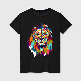 Женская футболка хлопок с принтом Lion в Петрозаводске, 100% хлопок | прямой крой, круглый вырез горловины, длина до линии бедер, слегка спущенное плечо | cat | geometry | leo | lion | polygonal | wild | геометрия | дикий | животное | кот | лев | хищник | яркий