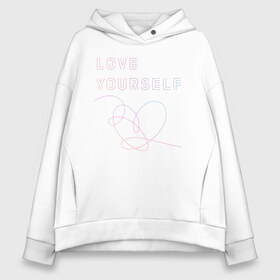 Женское худи Oversize хлопок с принтом BTS LOVE YOURSELF в Петрозаводске, френч-терри — 70% хлопок, 30% полиэстер. Мягкий теплый начес внутри —100% хлопок | боковые карманы, эластичные манжеты и нижняя кромка, капюшон на магнитной кнопке | bangtan boys | bt21 | bts | bts army | bts stickers | j hope | jimin | jin | jungkook | k pop | rap monster | rapmon | suga | v | бтс | корея | стикеры bts