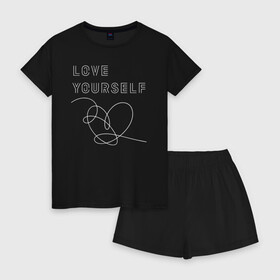 Женская пижама с шортиками хлопок с принтом BTS LOVE YOURSELF в Петрозаводске, 100% хлопок | футболка прямого кроя, шорты свободные с широкой мягкой резинкой | bangtan boys | bt21 | bts | bts army | bts stickers | j hope | jimin | jin | jungkook | k pop | rap monster | rapmon | suga | v | бтс | корея | стикеры bts