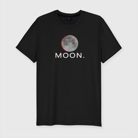 Мужская футболка премиум с принтом Moon. в Петрозаводске, 92% хлопок, 8% лайкра | приталенный силуэт, круглый вырез ворота, длина до линии бедра, короткий рукав | Тематика изображения на принте: glitch | glitchart | moon | neon | space | trend | глитч | космос | луна | мода | неон