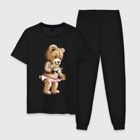 Мужская пижама хлопок с принтом Nasty bear в Петрозаводске, 100% хлопок | брюки и футболка прямого кроя, без карманов, на брюках мягкая резинка на поясе и по низу штанин
 | медведь | мишка | плюшевый | селфи | тедди