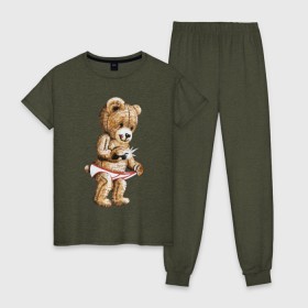Женская пижама хлопок с принтом Nasty bear в Петрозаводске, 100% хлопок | брюки и футболка прямого кроя, без карманов, на брюках мягкая резинка на поясе и по низу штанин | медведь | мишка | плюшевый | селфи | тедди