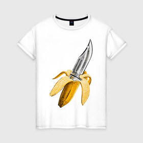 Женская футболка хлопок с принтом BANANA в Петрозаводске, 100% хлопок | прямой крой, круглый вырез горловины, длина до линии бедер, слегка спущенное плечо | banana | knife | pop art | банан | нож | оружие | поп арт