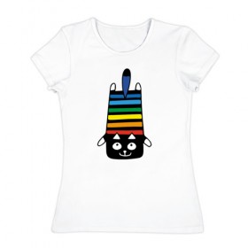 Женская футболка хлопок с принтом Rainbow cat в Петрозаводске, 100% хлопок | прямой крой, круглый вырез горловины, длина до линии бедер, слегка спущенное плечо | black | cat | cool | creative | dark | design | halloween | hype | kitten | rainbow | vanguard | авангард | дизайн | кот | котенок | кошка | креатив | круто | радуга | темный | хайп | хэллоуин | черный