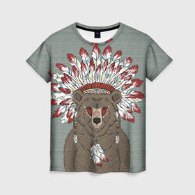 Женская футболка 3D с принтом Медведь индеец в Петрозаводске, 100% полиэфир ( синтетическое хлопкоподобное полотно) | прямой крой, круглый вырез горловины, длина до линии бедер | animal | bear | braids | feathers | in | взгляд | голова | графика | дикий | животное | индеец | ирокез | картинка | косы | красивый | крутой | лучший | медведь | мода | модный | молодёжная | орнамент | перья | природа