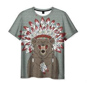 Мужская футболка 3D с принтом Медведь индеец в Петрозаводске, 100% полиэфир | прямой крой, круглый вырез горловины, длина до линии бедер | animal | bear | braids | feathers | in | взгляд | голова | графика | дикий | животное | индеец | ирокез | картинка | косы | красивый | крутой | лучший | медведь | мода | модный | молодёжная | орнамент | перья | природа