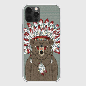 Чехол для iPhone 12 Pro Max с принтом Медведь индеец в Петрозаводске, Силикон |  | animal | bear | braids | feathers | in | взгляд | голова | графика | дикий | животное | индеец | ирокез | картинка | косы | красивый | крутой | лучший | медведь | мода | модный | молодёжная | орнамент | перья | природа