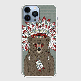 Чехол для iPhone 13 Pro Max с принтом Медведь индеец в Петрозаводске,  |  | animal | bear | braids | feathers | in | взгляд | голова | графика | дикий | животное | индеец | ирокез | картинка | косы | красивый | крутой | лучший | медведь | мода | модный | молодёжная | орнамент | перья | природа