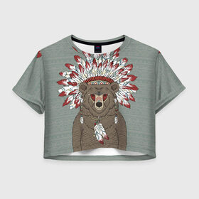 Женская футболка 3D укороченная с принтом Медведь индеец в Петрозаводске, 100% полиэстер | круглая горловина, длина футболки до линии талии, рукава с отворотами | animal | bear | braids | feathers | in | взгляд | голова | графика | дикий | животное | индеец | ирокез | картинка | косы | красивый | крутой | лучший | медведь | мода | модный | молодёжная | орнамент | перья | природа