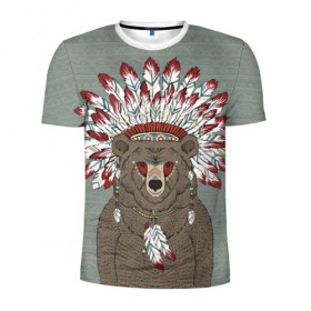 Мужская футболка 3D спортивная с принтом Медведь индеец в Петрозаводске, 100% полиэстер с улучшенными характеристиками | приталенный силуэт, круглая горловина, широкие плечи, сужается к линии бедра | animal | bear | braids | feathers | in | взгляд | голова | графика | дикий | животное | индеец | ирокез | картинка | косы | красивый | крутой | лучший | медведь | мода | модный | молодёжная | орнамент | перья | природа