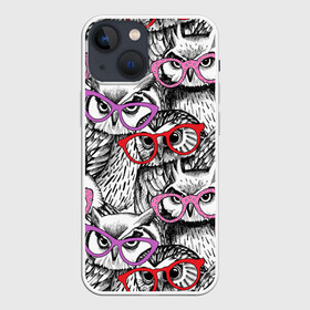 Чехол для iPhone 13 mini с принтом Совы в Петрозаводске,  |  | birds | li | night | owls | predators | red | белый | взгляд | горошек | графика | картинка | красивый | красный | крутой | лучший | мода | модный | молодёжная | ночные | очки | птицы | рисунок | розовый | сила | сиреневый
