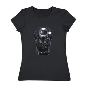 Женская футболка хлопок с принтом Biker Astronaut в Петрозаводске, 100% хлопок | прямой крой, круглый вырез горловины, длина до линии бедер, слегка спущенное плечо | астронавт | байкер | вселенная | звезды | космонавт | космос | косуха | крутой | луна | наса | рок | шлем