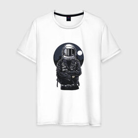 Мужская футболка хлопок с принтом Biker Astronaut в Петрозаводске, 100% хлопок | прямой крой, круглый вырез горловины, длина до линии бедер, слегка спущенное плечо. | Тематика изображения на принте: астронавт | байкер | вселенная | звезды | космонавт | космос | косуха | крутой | луна | наса | рок | шлем