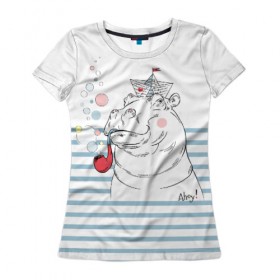 Женская футболка 3D с принтом Бегемот моряк в Петрозаводске, 100% полиэфир ( синтетическое хлопкоподобное полотно) | прямой крой, круглый вырез горловины, длина до линии бедер | a | blush | bubbles | cap | deck | hippo | pipe | sailor | sea | ship | smokes | stripes | бегемот | графика | детский | искусство | картинка | корабль | крутой | лучший | мода | модный | молодёжная | море | моряк | палуба | пилотка | полосы
