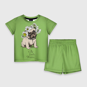 Детский костюм с шортами 3D с принтом My little hippie в Петрозаводске,  |  | breed | dog | hippie | kid | little | my | pug | puppy | wreath | венок | графика | зелёный | картинка | красивый | крутой | лучший | маленький | малыш | мода | модный | мой | молодёжная | мопс | порода | рисунок | ромашки | собака