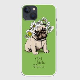 Чехол для iPhone 13 с принтом My little hippie в Петрозаводске,  |  | Тематика изображения на принте: breed | dog | hippie | kid | little | my | pug | puppy | wreath | венок | графика | зелёный | картинка | красивый | крутой | лучший | маленький | малыш | мода | модный | мой | молодёжная | мопс | порода | рисунок | ромашки | собака