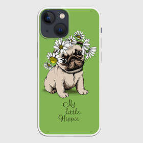 Чехол для iPhone 13 mini с принтом My little hippie в Петрозаводске,  |  | Тематика изображения на принте: breed | dog | hippie | kid | little | my | pug | puppy | wreath | венок | графика | зелёный | картинка | красивый | крутой | лучший | маленький | малыш | мода | модный | мой | молодёжная | мопс | порода | рисунок | ромашки | собака