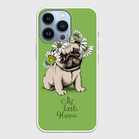 Чехол для iPhone 13 Pro с принтом My little hippie в Петрозаводске,  |  | Тематика изображения на принте: breed | dog | hippie | kid | little | my | pug | puppy | wreath | венок | графика | зелёный | картинка | красивый | крутой | лучший | маленький | малыш | мода | модный | мой | молодёжная | мопс | порода | рисунок | ромашки | собака