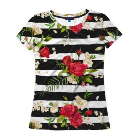 Женская футболка 3D с принтом Розы и орхидеи в Петрозаводске, 100% полиэфир ( синтетическое хлопкоподобное полотно) | прямой крой, круглый вырез горловины, длина до линии бедер | Тематика изображения на принте: flowers | orchi | roses | белый | букеты | графика | зелёный | искусство | картинка | красивый | красный | крутой | листья | мода | модный | молодёжная | орнамент | орхидеи | полосы | рисунок | розы | рукоделие