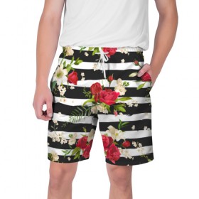 Мужские шорты 3D с принтом Розы и орхидеи в Петрозаводске,  полиэстер 100% | прямой крой, два кармана без застежек по бокам. Мягкая трикотажная резинка на поясе, внутри которой широкие завязки. Длина чуть выше колен | flowers | orchi | roses | белый | букеты | графика | зелёный | искусство | картинка | красивый | красный | крутой | листья | мода | модный | молодёжная | орнамент | орхидеи | полосы | рисунок | розы | рукоделие