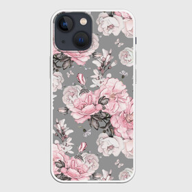 Чехол для iPhone 13 mini с принтом Розовые розы в Петрозаводске,  |  | bouquets | color | gray | leave | lowers | ornament | patterns | pink | roses | букеты | графика | искусство | картинка | красивый | крутой | листья | мода | модный | молодёжная | орнамент | рисунок | розовые | розы | рукоделие | серый