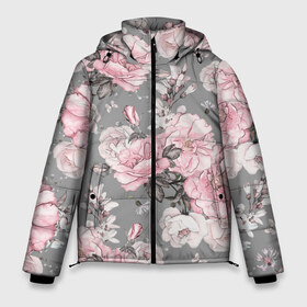 Мужская зимняя куртка 3D с принтом Розовые розы в Петрозаводске, верх — 100% полиэстер; подкладка — 100% полиэстер; утеплитель — 100% полиэстер | длина ниже бедра, свободный силуэт Оверсайз. Есть воротник-стойка, отстегивающийся капюшон и ветрозащитная планка. 

Боковые карманы с листочкой на кнопках и внутренний карман на молнии. | Тематика изображения на принте: bouquets | color | gray | leave | lowers | ornament | patterns | pink | roses | букеты | графика | искусство | картинка | красивый | крутой | листья | мода | модный | молодёжная | орнамент | рисунок | розовые | розы | рукоделие | серый