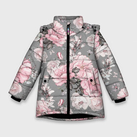 Зимняя куртка для девочек 3D с принтом Розовые розы в Петрозаводске, ткань верха — 100% полиэстер; подклад — 100% полиэстер, утеплитель — 100% полиэстер. | длина ниже бедра, удлиненная спинка, воротник стойка и отстегивающийся капюшон. Есть боковые карманы с листочкой на кнопках, утяжки по низу изделия и внутренний карман на молнии. 

Предусмотрены светоотражающий принт на спинке, радужный светоотражающий элемент на пуллере молнии и на резинке для утяжки. | bouquets | color | gray | leave | lowers | ornament | patterns | pink | roses | букеты | графика | искусство | картинка | красивый | крутой | листья | мода | модный | молодёжная | орнамент | рисунок | розовые | розы | рукоделие | серый