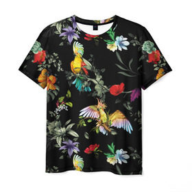 Мужская футболка 3D с принтом Попугаи в Петрозаводске, 100% полиэфир | прямой крой, круглый вырез горловины, длина до линии бедер | Тематика изображения на принте: parrots | ветки | графика | джунгли | искусство | картинка | красивый | красный | крутой | листья | мода | модный | молодёжная | орнамент | попугаи | рисунок | розовый | рукоделие | синий | стиль