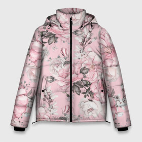 Мужская зимняя куртка 3D с принтом Розовые розы в Петрозаводске, верх — 100% полиэстер; подкладка — 100% полиэстер; утеплитель — 100% полиэстер | длина ниже бедра, свободный силуэт Оверсайз. Есть воротник-стойка, отстегивающийся капюшон и ветрозащитная планка. 

Боковые карманы с листочкой на кнопках и внутренний карман на молнии. | bouquets | color | gray | leave | lowers | ornament | patterns | pink | roses | букеты | графика | искусство | картинка | красивый | крутой | листья | мода | модный | молодёжная | орнамент | рисунок | розовые | розы | рукоделие | серый