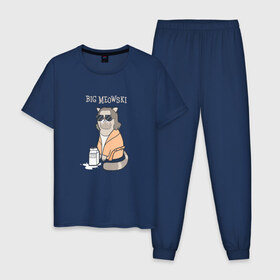 Мужская пижама хлопок с принтом Big Meowski в Петрозаводске, 100% хлопок | брюки и футболка прямого кроя, без карманов, на брюках мягкая резинка на поясе и по низу штанин
 | Тематика изображения на принте: большой лебовски | боулинг | дюдя | кино | комедия | кот | котейка | котенок | котэ | кошка | молоко | хиппи | чувак | юмор