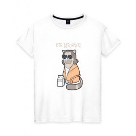 Женская футболка хлопок с принтом Big Meowski в Петрозаводске, 100% хлопок | прямой крой, круглый вырез горловины, длина до линии бедер, слегка спущенное плечо | большой лебовски | боулинг | дюдя | кино | комедия | кот | котейка | котенок | котэ | кошка | молоко | хиппи | чувак | юмор