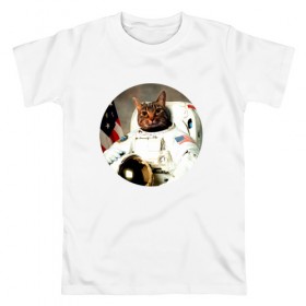 Мужская футболка хлопок с принтом Cat Astronaut в Петрозаводске, 100% хлопок | прямой крой, круглый вырез горловины, длина до линии бедер, слегка спущенное плечо. | Тематика изображения на принте: 