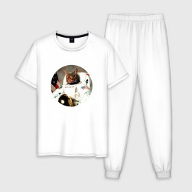 Мужская пижама хлопок с принтом Cat Astronaut в Петрозаводске, 100% хлопок | брюки и футболка прямого кроя, без карманов, на брюках мягкая резинка на поясе и по низу штанин
 | Тематика изображения на принте: 