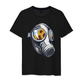 Мужская футболка хлопок с принтом Газовая Маска Подсолнухи в Петрозаводске, 100% хлопок | прямой крой, круглый вырез горловины, длина до линии бедер, слегка спущенное плечо. | 