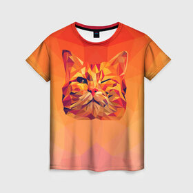 Женская футболка 3D с принтом Подмигивающий кот (Low Poly) в Петрозаводске, 100% полиэфир ( синтетическое хлопкоподобное полотно) | прямой крой, круглый вырез горловины, длина до линии бедер | cat | fox | kitty | low | lowpoly | poly | веселая | геометрия | грозовой кошак | желтая | кот | котейка | котофей | кошак | лиса | любителям кошек | низкополигональный | позитив | прикольная | рисунок | рыжая | узор