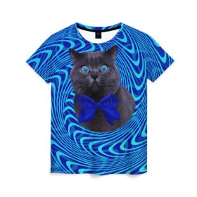 Женская футболка 3D с принтом Гипнотический кот в Петрозаводске, 100% полиэфир ( синтетическое хлопкоподобное полотно) | прямой крой, круглый вырез горловины, длина до линии бедер | big | арт | крупные арты | крупные принты | сумасшедшие арты