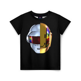 Детская футболка 3D с принтом Daft Punk в Петрозаводске, 100% гипоаллергенный полиэфир | прямой крой, круглый вырез горловины, длина до линии бедер, чуть спущенное плечо, ткань немного тянется | Тематика изображения на принте: daft punk | electronic | house | human | music | robot | дафт панк | музыка | синти поп | хаус | электроника
