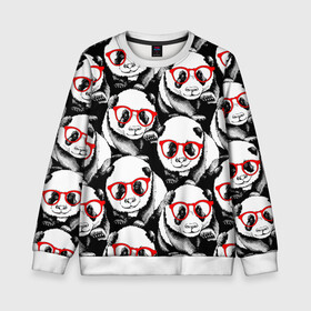 Детский свитшот 3D с принтом Панды в красных очках в Петрозаводске, 100% полиэстер | свободная посадка, прямой крой, мягкая тканевая резинка на рукавах и понизу свитшота | Тематика изображения на принте: animals | bears | funny | head | muzzl | pandas | red | весёлые | взгляд | голова | графика | животные | искусство | картинка | красивый | красные | крутой | медведи | мода | модный | молодёжная | очки | панды | рисунок