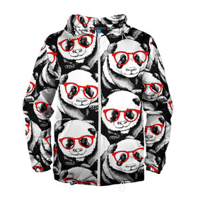 Мужская ветровка 3D с принтом Панды в красных очках в Петрозаводске, 100% полиэстер | подол и капюшон оформлены резинкой с фиксаторами, два кармана без застежек по бокам, один потайной карман на груди | animals | bears | funny | head | muzzl | pandas | red | весёлые | взгляд | голова | графика | животные | искусство | картинка | красивый | красные | крутой | медведи | мода | модный | молодёжная | очки | панды | рисунок