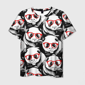 Мужская футболка 3D с принтом Панды в красных очках в Петрозаводске, 100% полиэфир | прямой крой, круглый вырез горловины, длина до линии бедер | animals | bears | funny | head | muzzl | pandas | red | весёлые | взгляд | голова | графика | животные | искусство | картинка | красивый | красные | крутой | медведи | мода | модный | молодёжная | очки | панды | рисунок
